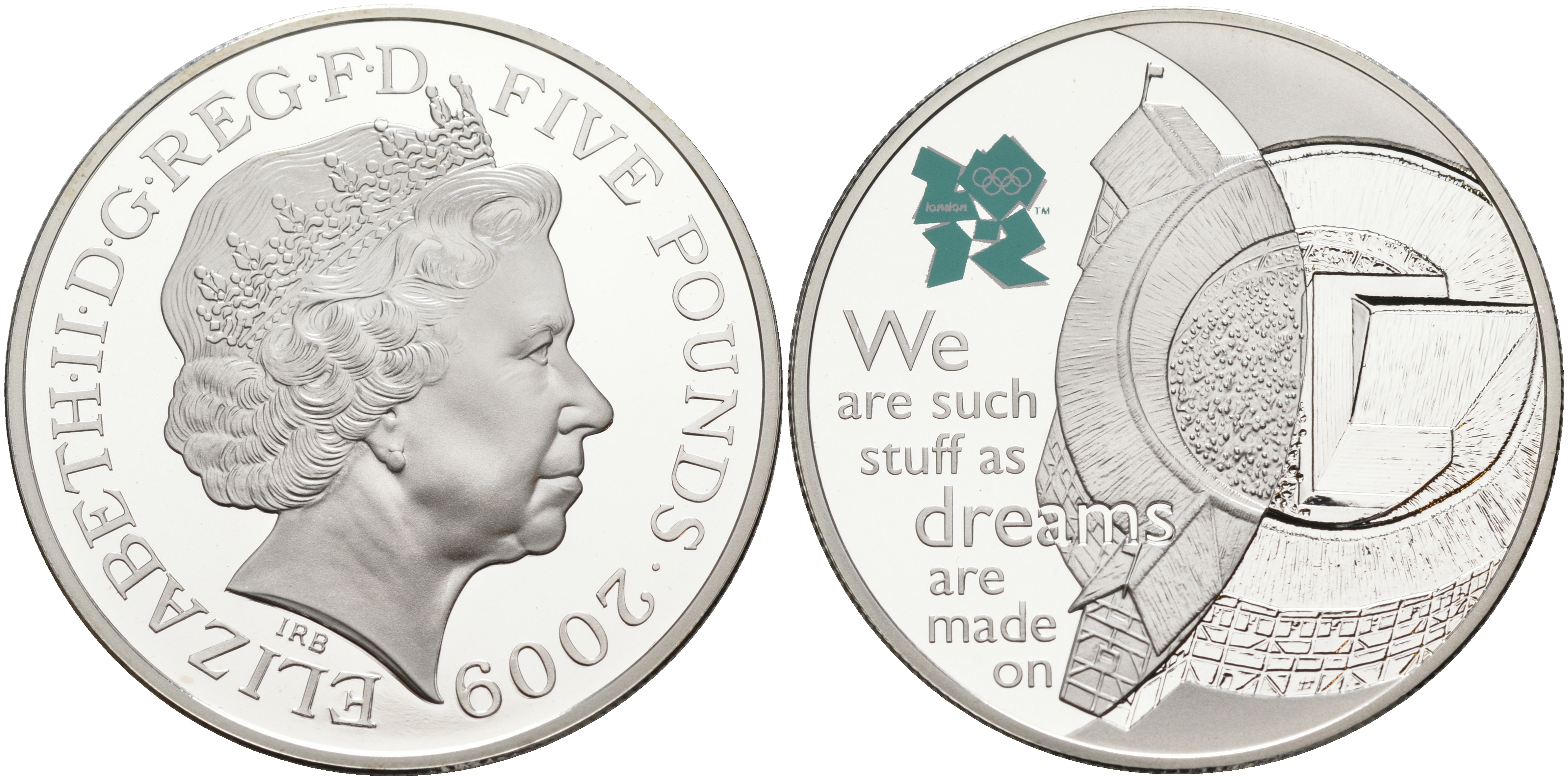 Великобритания 5 фунтов 2009 Елизавета II (1952-2022), XXX летние Олимпийские Игры. Празднование в Британии - Мировой театр KM 1143, Spink LO42 серебро PROOF 02-108-22