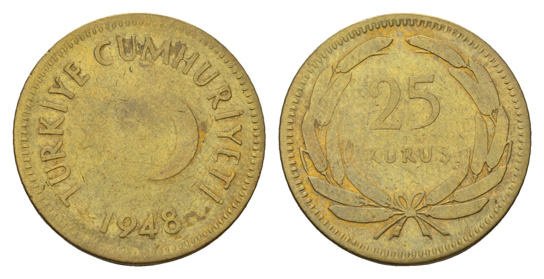 Турция 25 курушей 1948 KM 886 латунь 4675-656