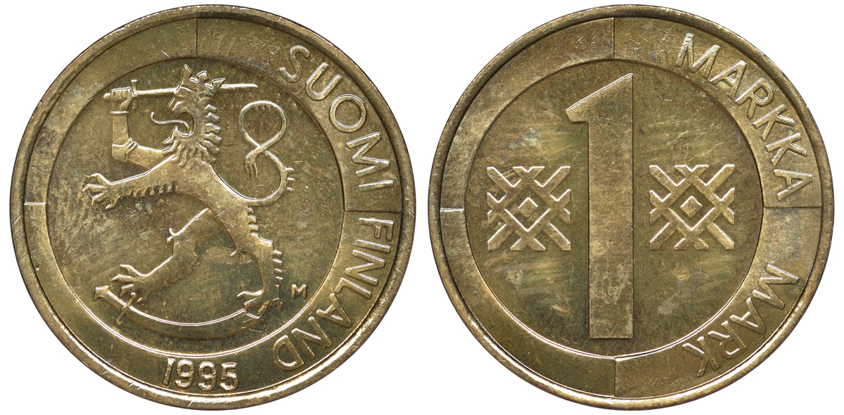 Финляндия 1 марка 1995 M KM 76 алюминиевая бронза 259-457