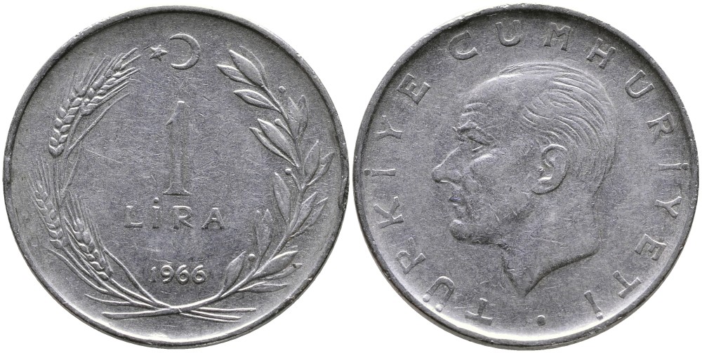 Турция 1 лира 1966 Мустафа Кемаль Ататюрк KM 889а.1 нержавеющая сталь 4541-1235