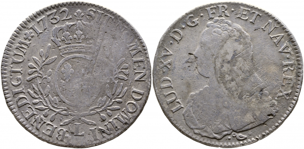 Франция 1 экю 1732 L, Людовик XV (1715-1774) KM 486.12 серебро 413-2725