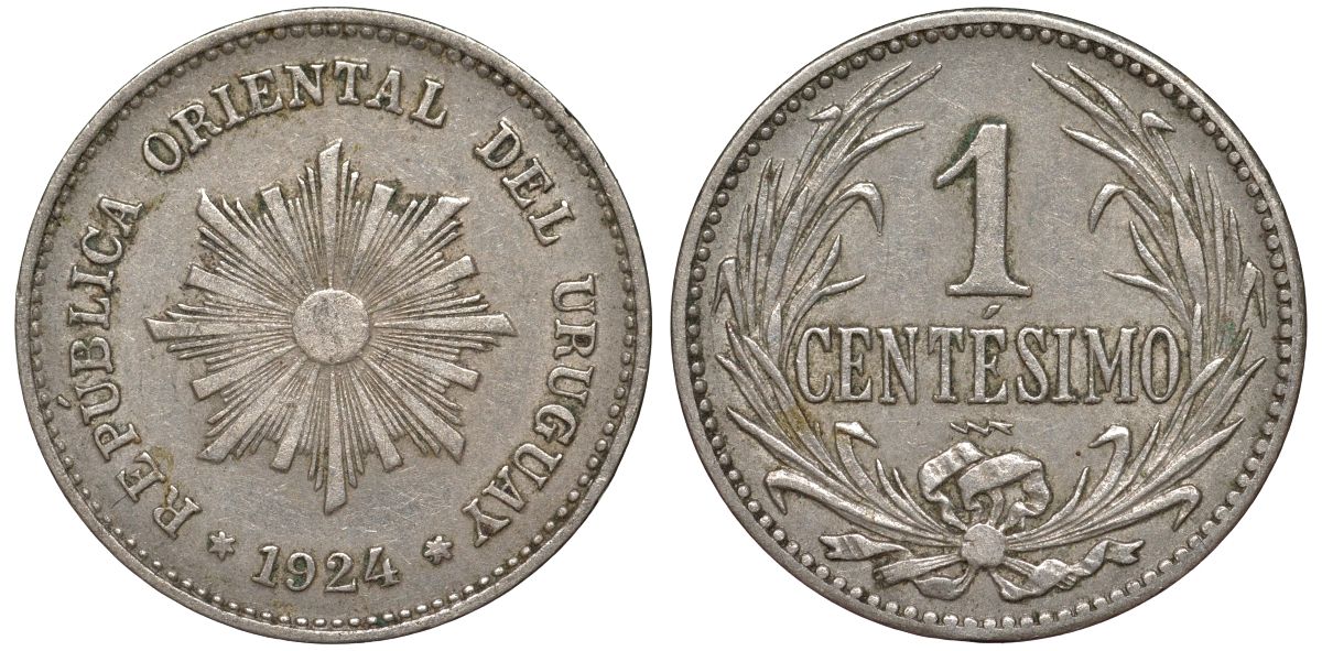 Уругвай 1 сентесимо 1924 KM 19 медно-никель 3955-828