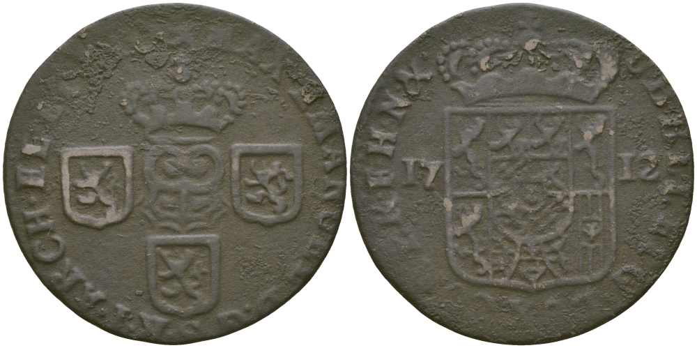 ИСПАНСКИЕ НИДЕРЛАНДЫ, НАМЮР (NAMUR) 1 ЛИАРД 1712 МАКСИМИЛЬЯН II ЭМАНУЭЛЬ БАВАРСКИЙ (1711-1714) KM 18 медь 65-823