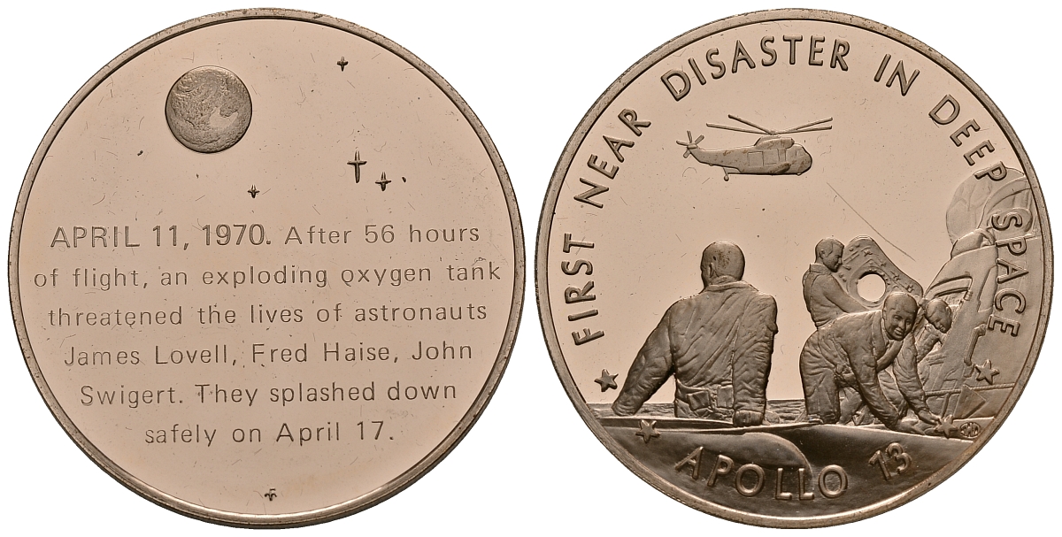 США МЕДАЛЬ ND ПЕРВАЯ ПРЕДКАТАСТРОФА В КОСМОСЕ, АПОЛЛОН 13, 39 мм, 24,3 гр Латунь PROOF 05-122-22
