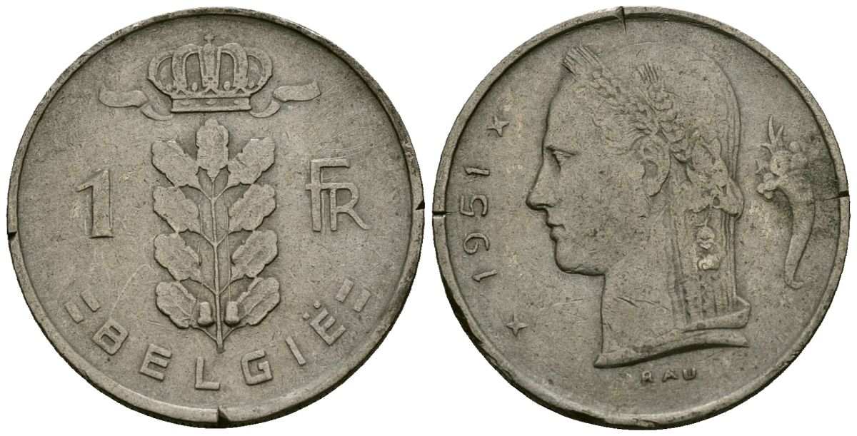 Бельгия 1 франк 1951 KM 143 медно-никель 4177-1035