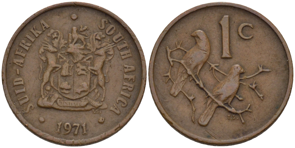 ЮАР 1 цент 1971 герб, капские воробьи KM 82 бронза 66-252