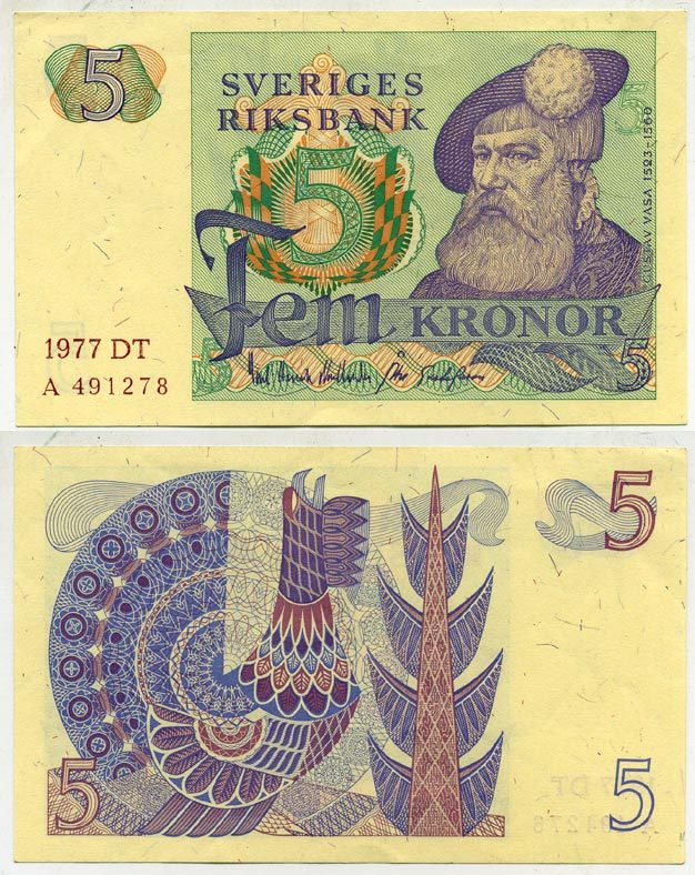 Швеция 5 крон 1977 DT, Густав I Ваза Pick 51d бумага aUNC 444-144-3