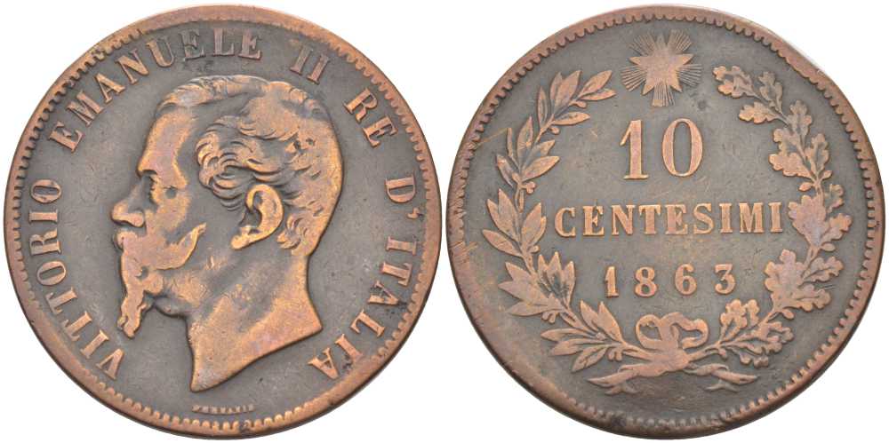 ИТАЛИЯ 10 ЧЕНТЕЗИМО 1863 ВИКТОР ИМАНУИЛ II (1861-1878) KM 11.2 медь 111-1033
