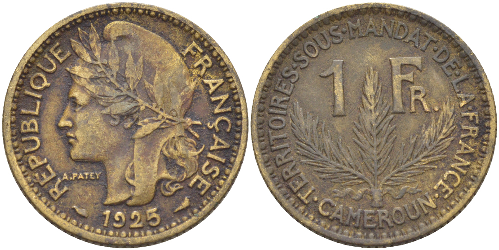 Французский Камерун 1 франк 1925 (а), монетный двор Париж KM 2 алюминиевая бронза 51-4212