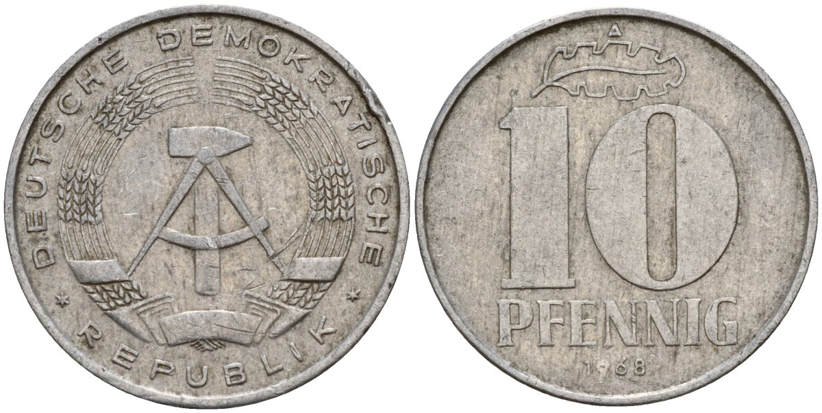ГДР 10 пфеннигов 1968 A KM 10 алюминий 34-121