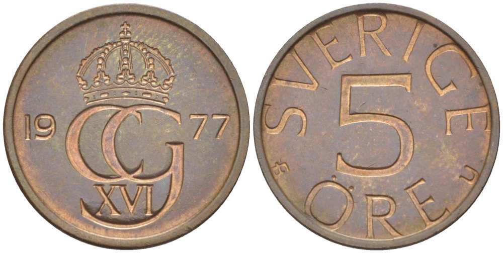 Швеция 5 эре 1977 U, Карл XVI Густав (1973- ) KM 849 бронза 4516-435