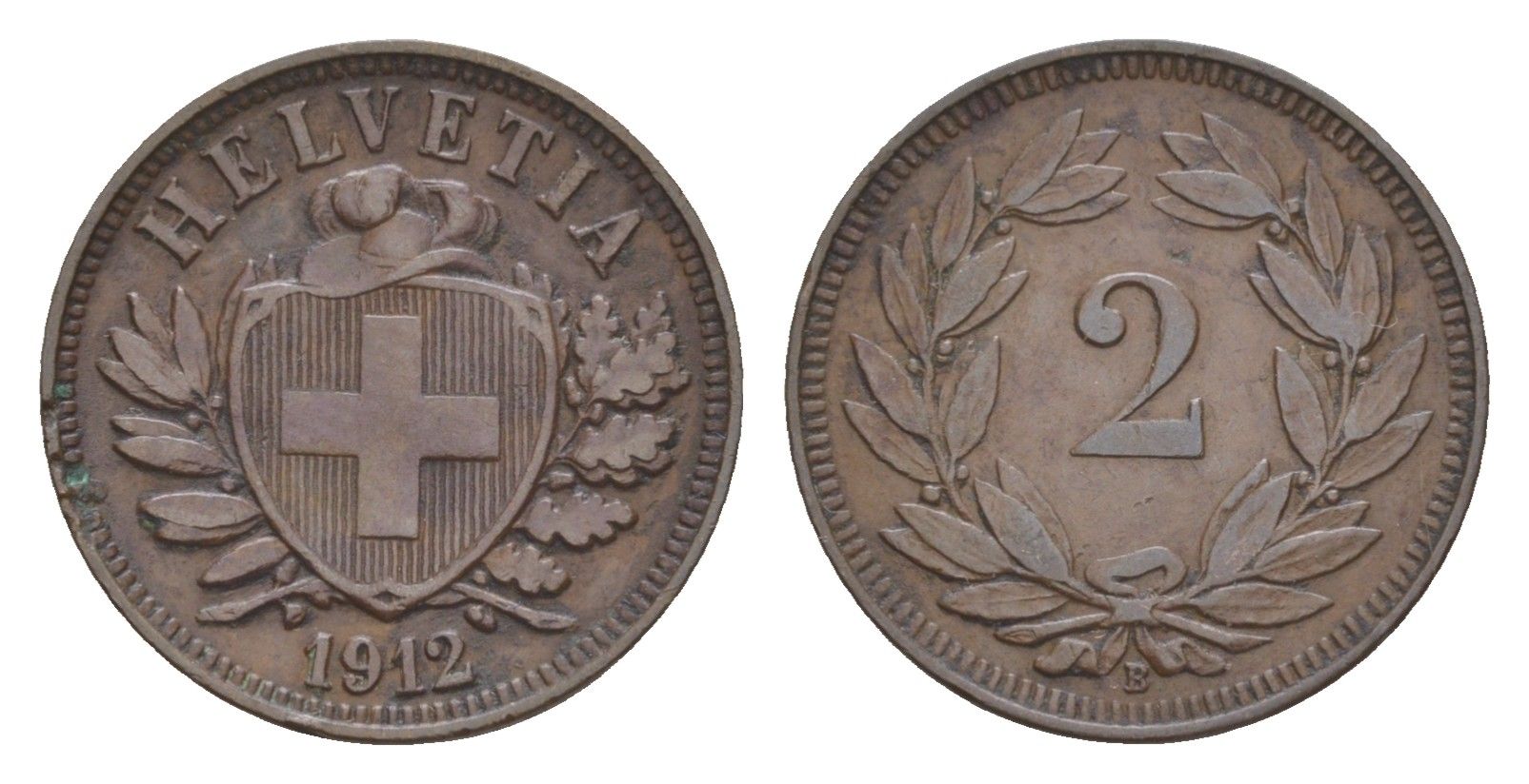 Швейцария 2 раппена 1912 B KM 4 бронза 4655-251