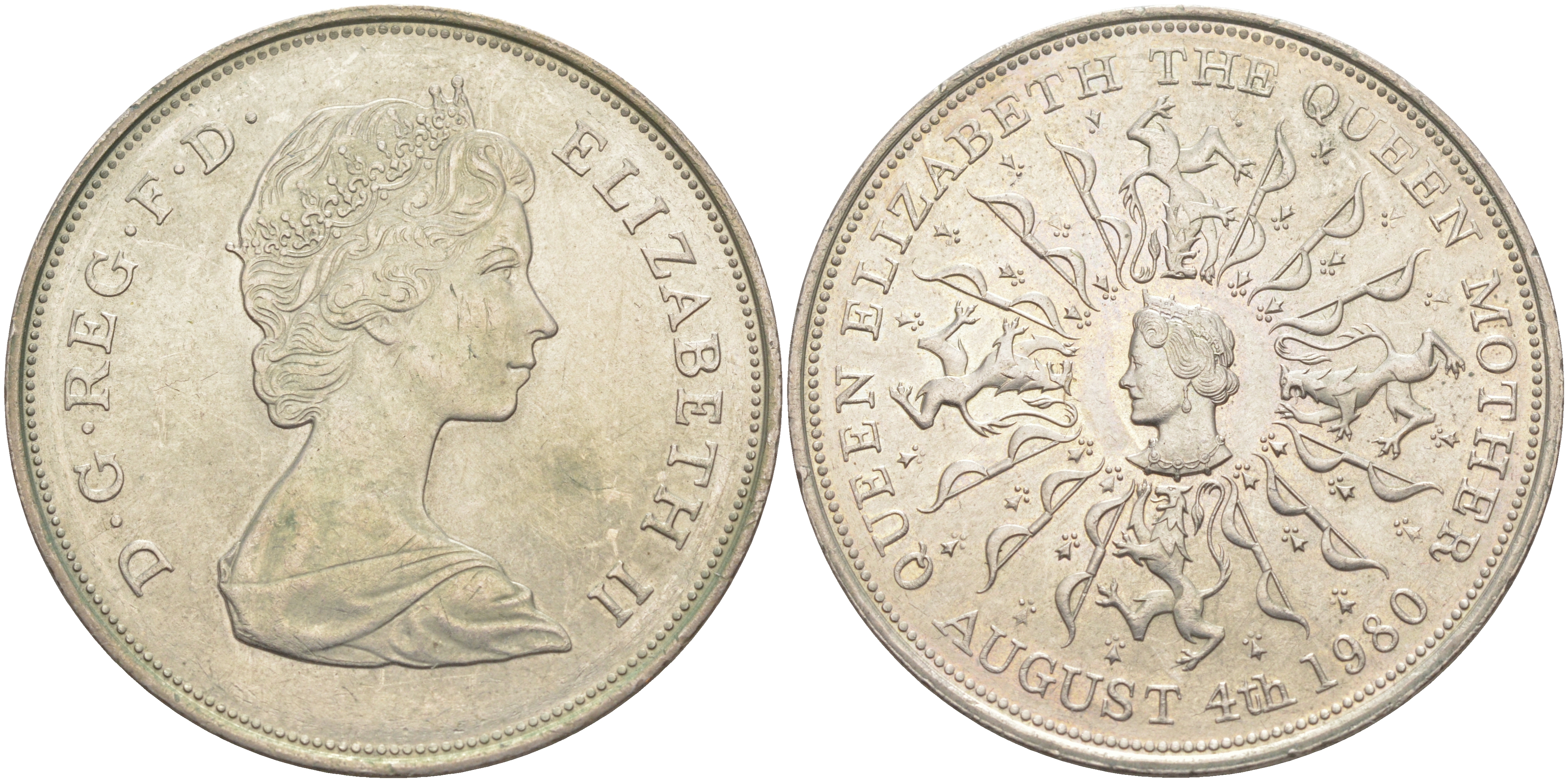 Великобритания 25 пенсов 1980 80 лет королеве Елизавете-королеве матери, Елизавета II (1952-2022) KM 921, Spink 2228 медно-никель 4552-513