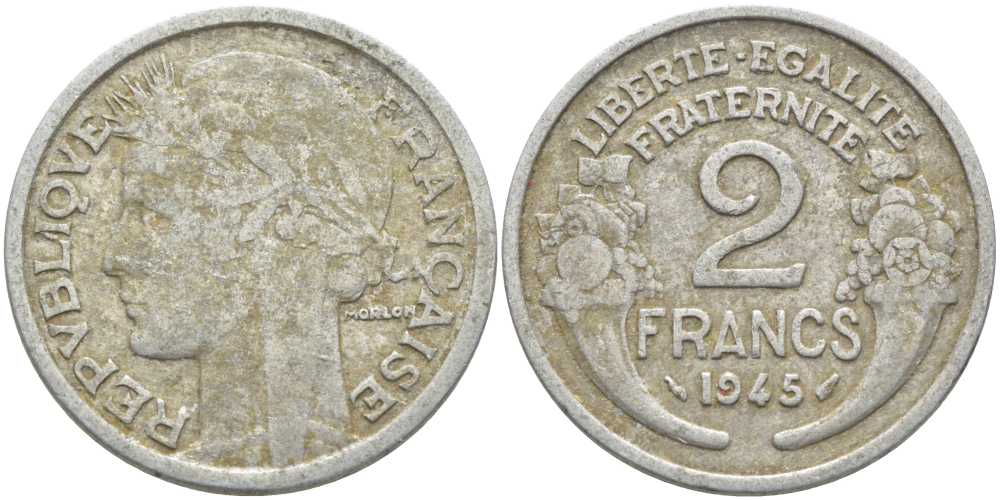 ФРАНЦИЯ 2 ФРАНКА 1945 KM 886a.1, LE FRANC 269.5 алюминий 109-1224