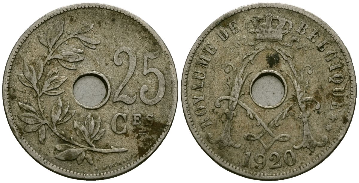 Бельгия 25 сантимов 1920 Belgique KM 68 медно-никель 4168-1221