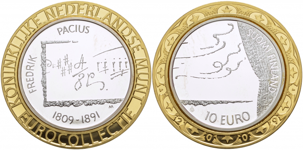Финляндия 10 евро 2009 евроколлекция Нидерландского монетного двора, Фредрик Пациус, композитор KM 148 серебро  PROOF 1068-9-23