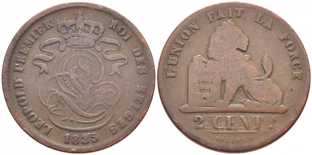 БЕЛЬГИЯ 2 САНТИМА 1835 BELGES KM 4.1 медь 110-531