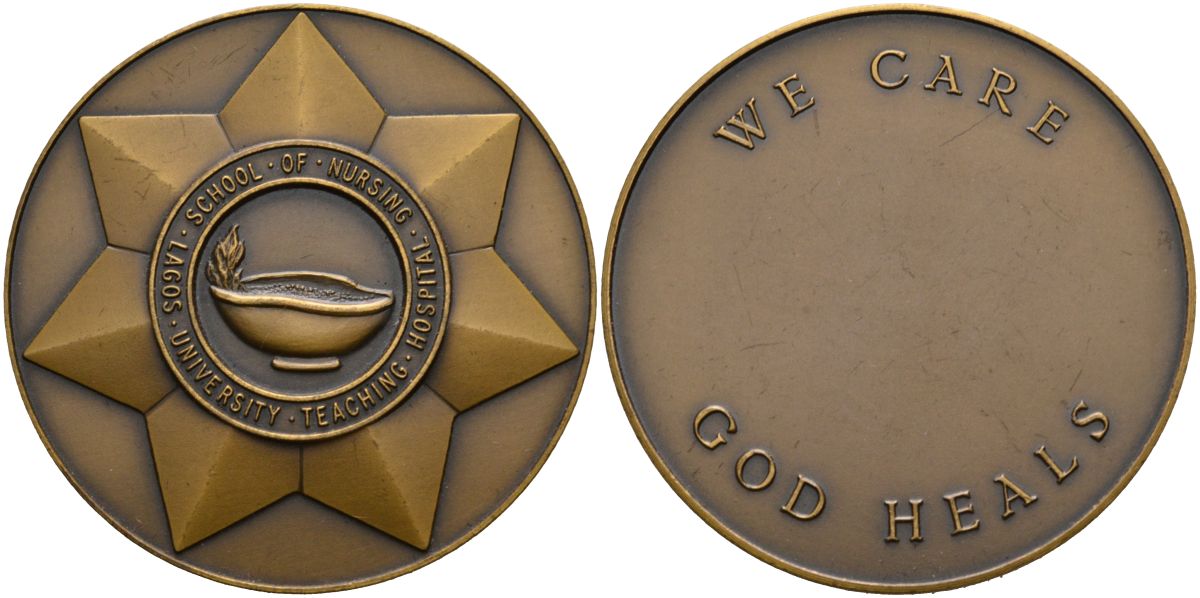 Нигерия медаль ND "Мы заботимся - Бог исцеляет", университетская больница в Лагосе, диаметр 45 мм. бронза 1095-8-34