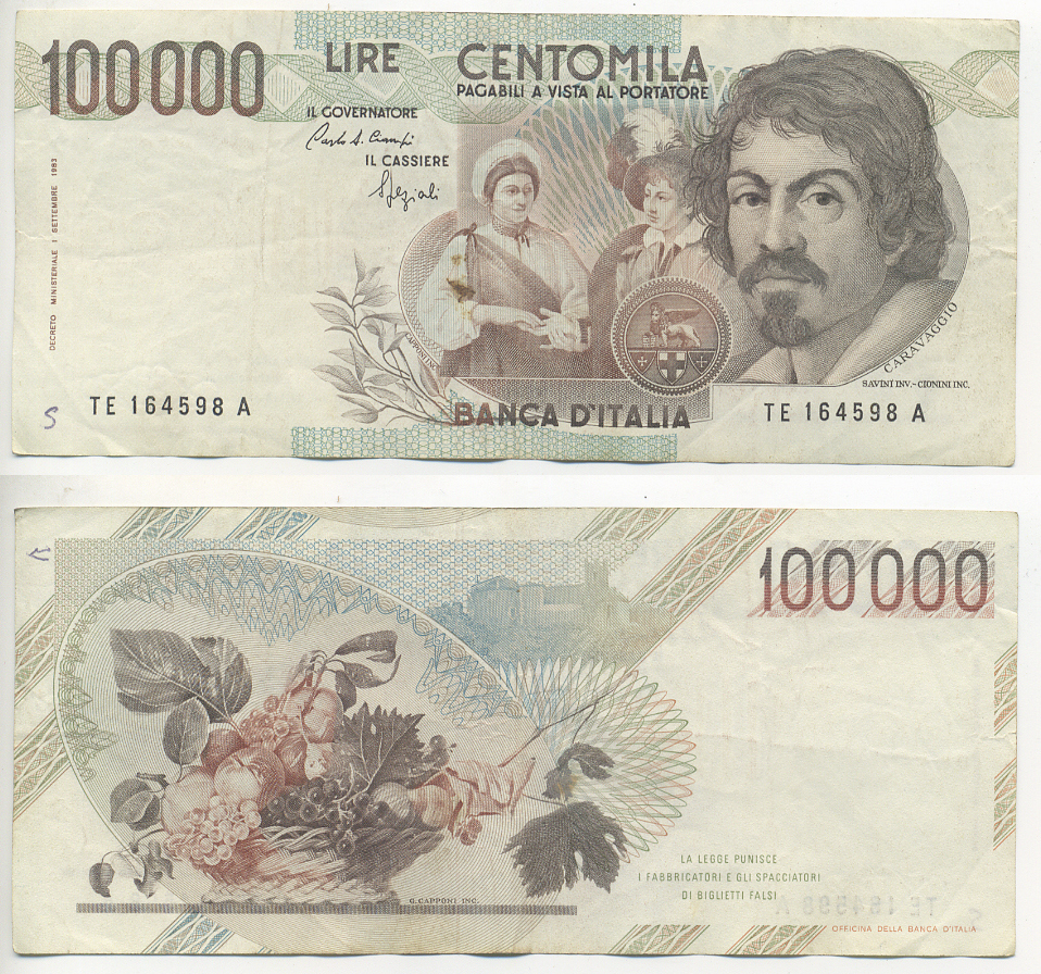 Италия 100000 лир 1983 Караваджо, фруктовый букет, подпись Speziali Pick 110b бумага 7220-12-1