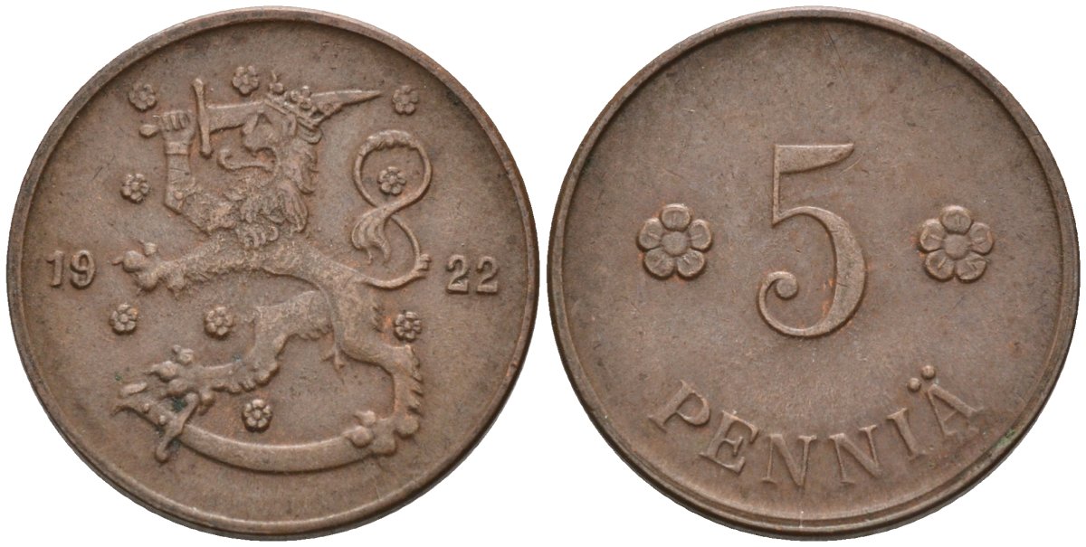 Финляндия 5 пенни 1922 KM 22 медь 96-334