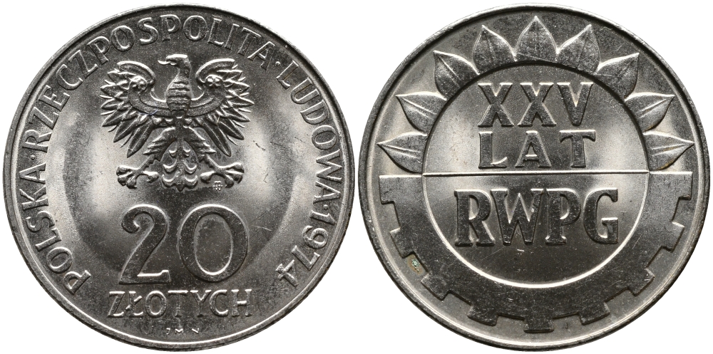 Польша 20 злотых 1974 MW, 25 лет Совету экономической взаимопомощи KM 70, Parchimowicz 247 медно-никель UNC 441-835