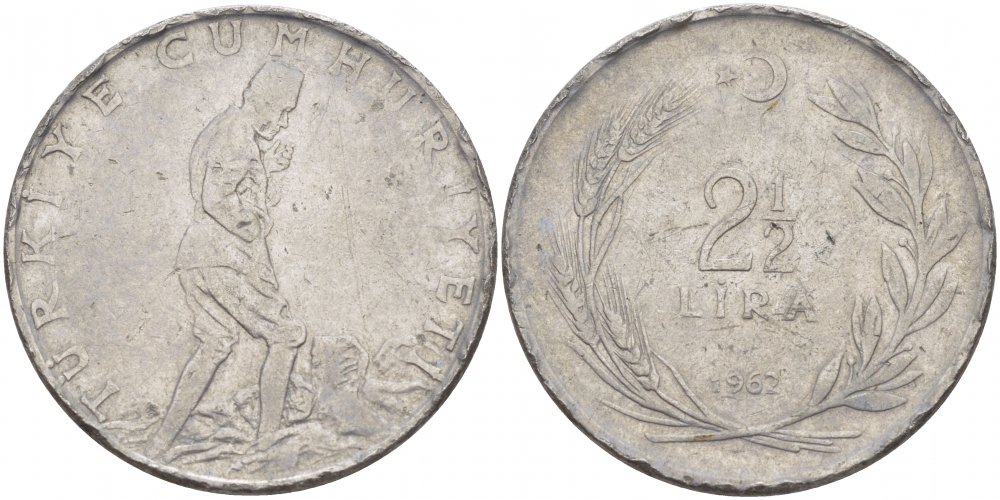 ТУРЦИЯ 2 1/2 ЛИРЫ 1962 KM 893.1 сталь 4179-123