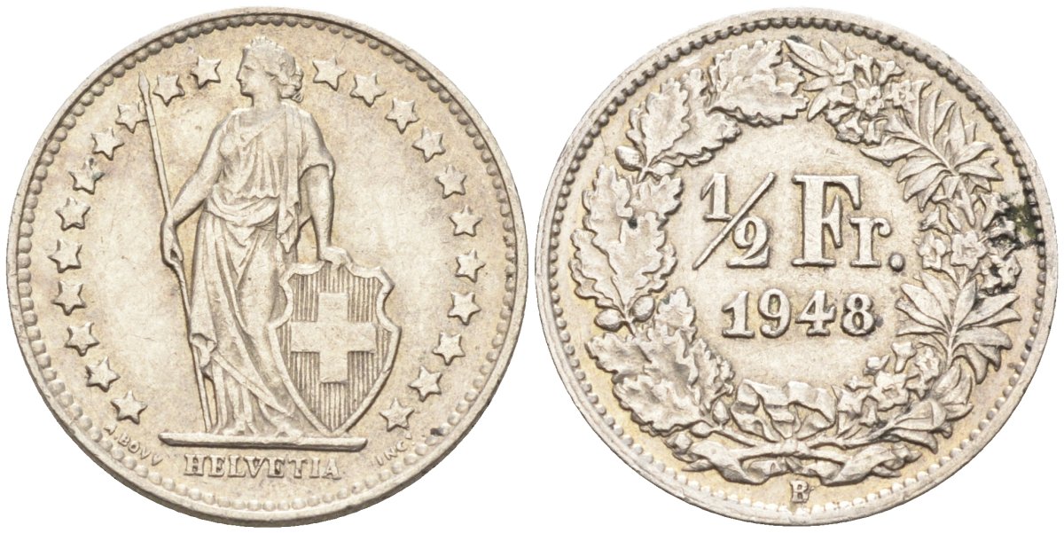 Швейцария 1/2 франка 1948 В KM 23 серебро 98-1242