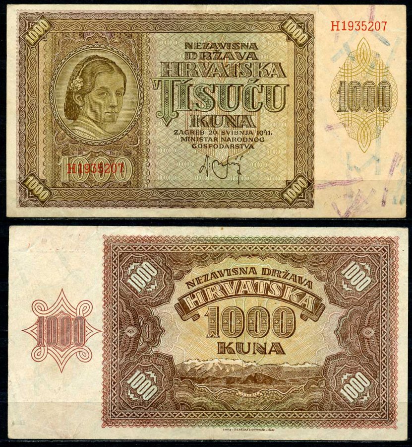 Хорватия 1000 кун 1941 женщина, горы Велебит Pick 4 бумага 8619-5-1-2