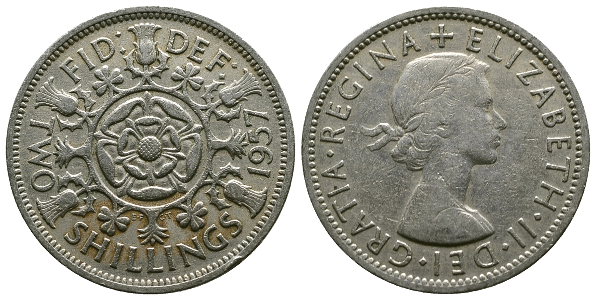 Великобритания 2 шиллинга (флорин) 1957 Елизавета II (1952-2022) KM 906, Spink 4146 медно-никель 4382-132