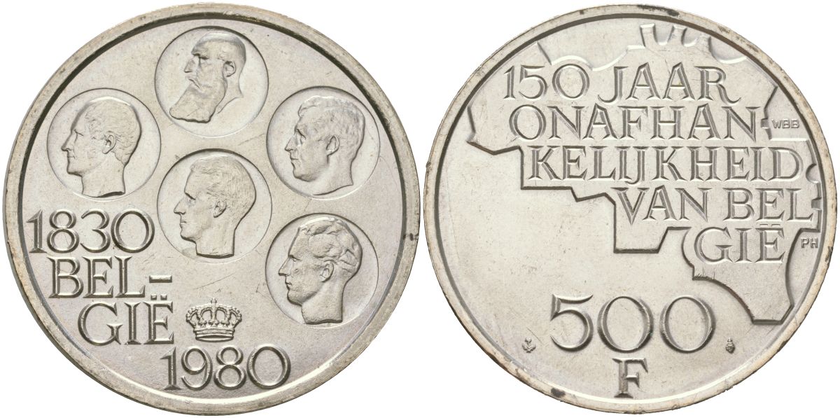 Бельгия 500 франков 1980 150 лет независимости, BELGI?, Бодуэн I (1951-1993) KM 162, LA BFM-215, Mor 801, Schoen129 медно-никель плакированный серебром 4552-821