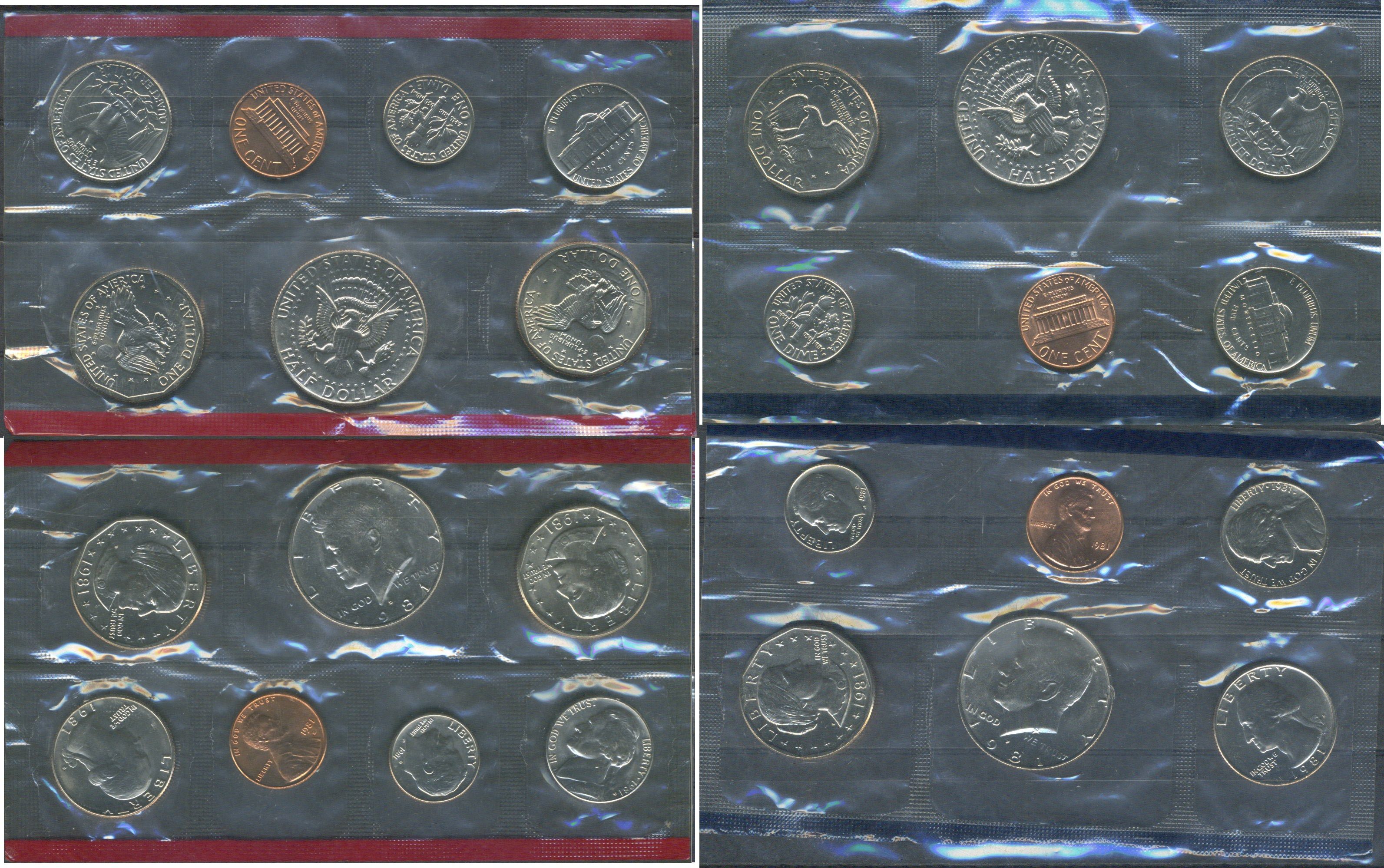 США набор из 13 монет (1, 5, 10 (дайм), 25 (квотер, 1/4 доллара) и 50 (1/2 доллара) центов; 1 доллар) 1981 в оригинальной упаковке, в запайке KM MS144 (164a, A192, 195a, 201, A202b и 207) 8-2-06-18