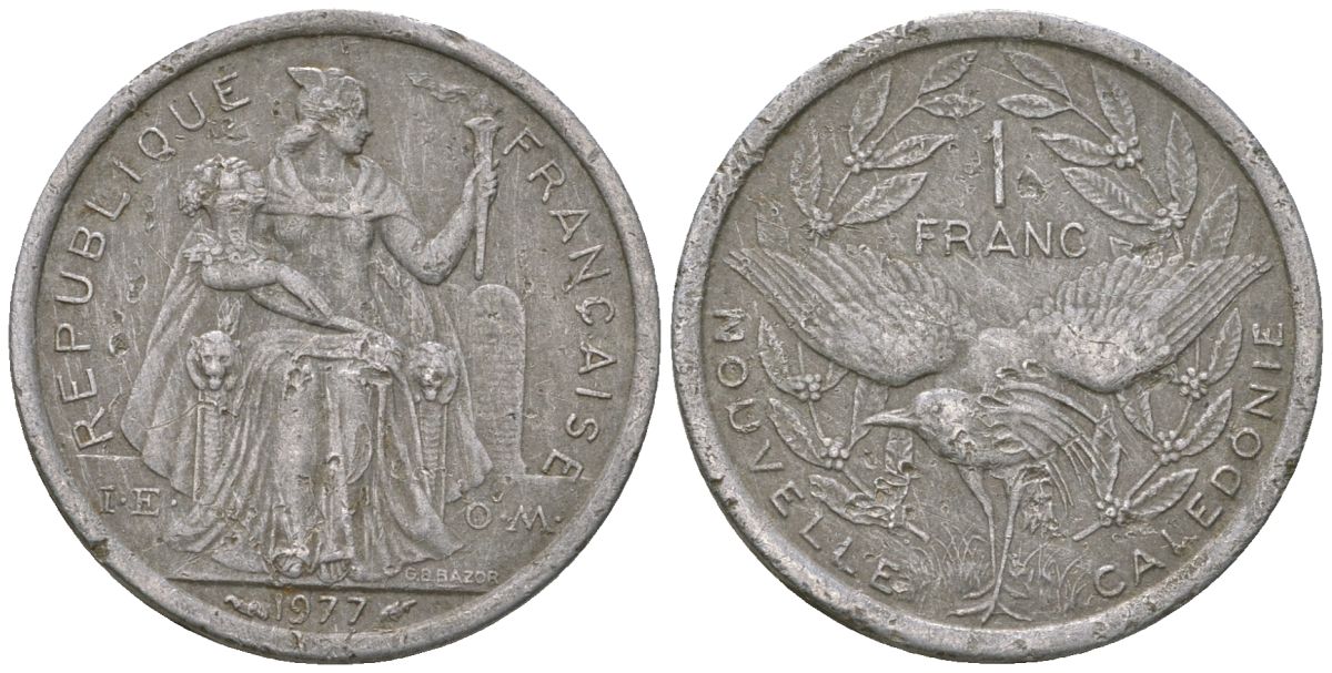 Французская Новая Каледония 1 франк 1977 птица кагу, (IEOM) KM 10, Schoen 10, Lec 40 алюминий    51-943