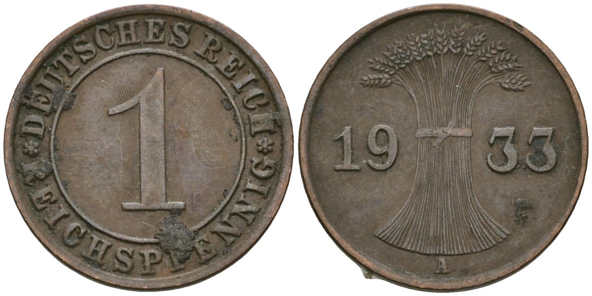 Германия 1 рейхспфенниг 1933 A KM 37, J. 313 бронза 4189-1166