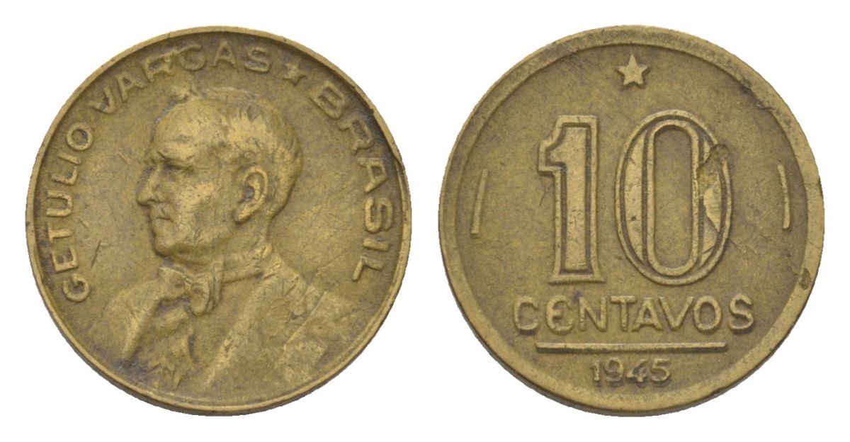 Бразилия 10 сентаво 1945 Жетулиу Дорнелис Варгас KM 555a нержавеющая сталь 4625-917