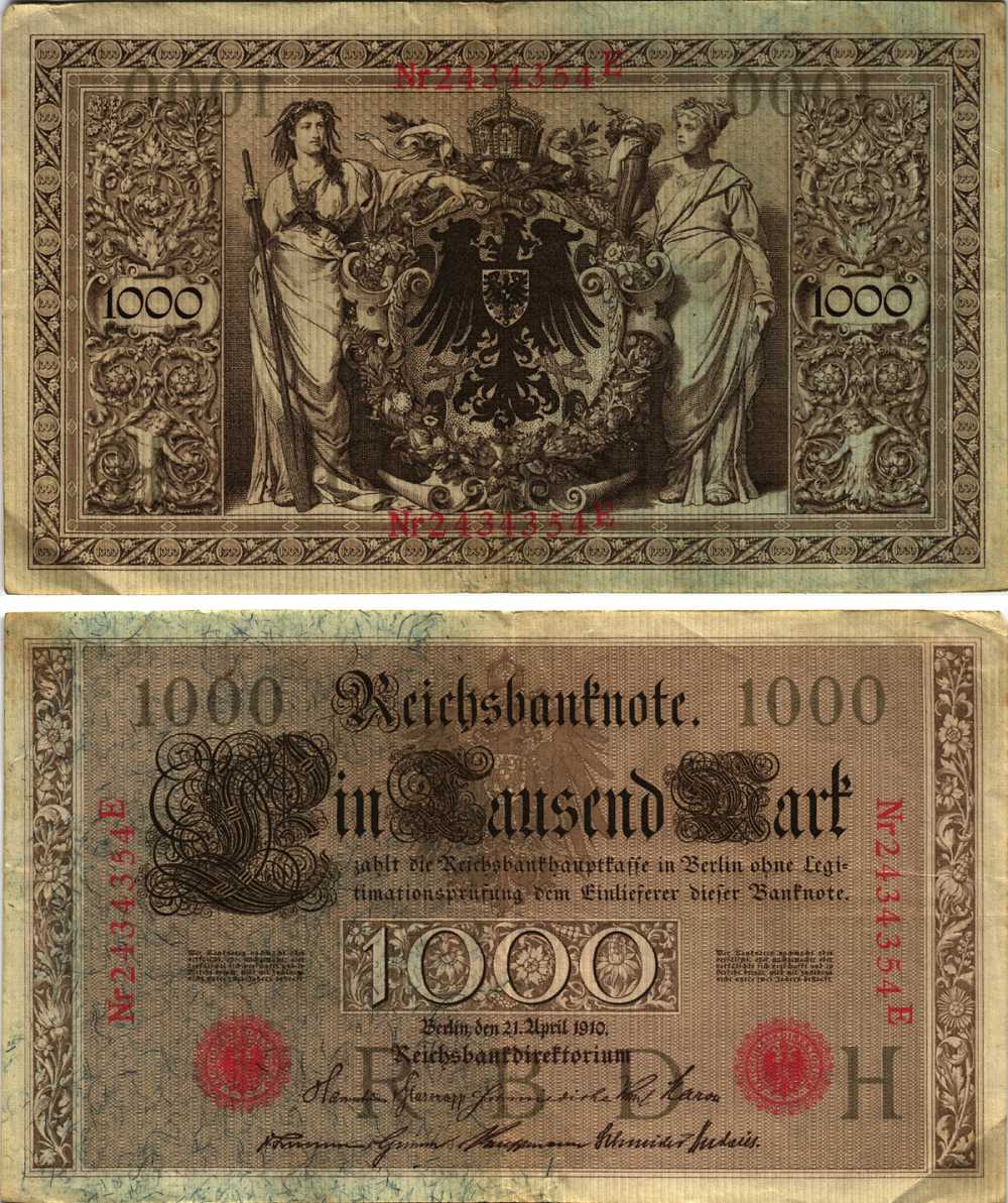 ГЕРМАНИЯ 1000 МАРОК 1910 21 АПРЕЛЯ 1910, СЕМИЗНАЧНЫЙ НОМЕР, СЕРИЯ Е Pick 44b бумага 8610-7-1