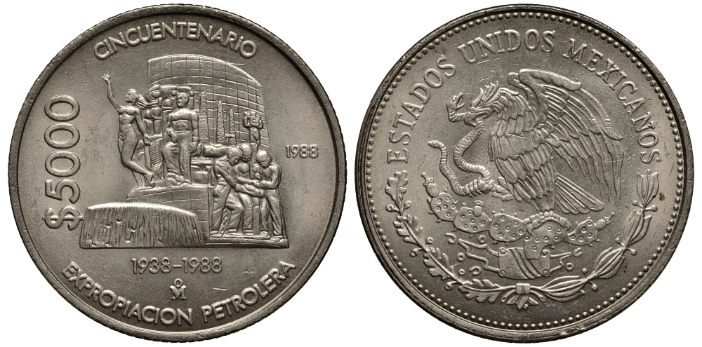 Мексика 5000 песо 1988 Мо, 50 лет национализации нефтяной промышленности, монумент нефтяникам KM 531 медно-никель 118-1021