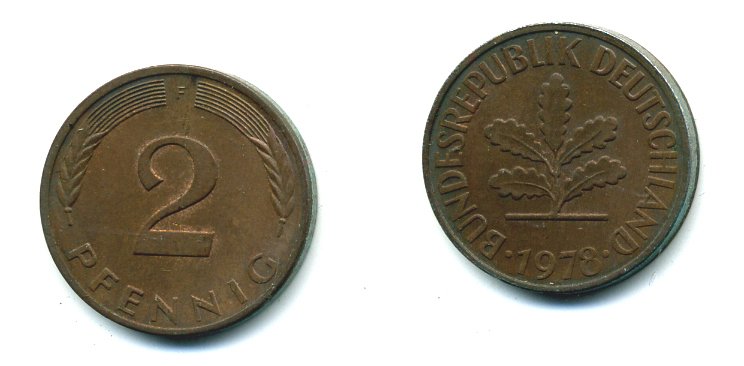 ФРГ 2 ПФЕННИГА 1978 F KM 106a, J.381a сталь плакированная сталь плакированная медьюю 46-2131