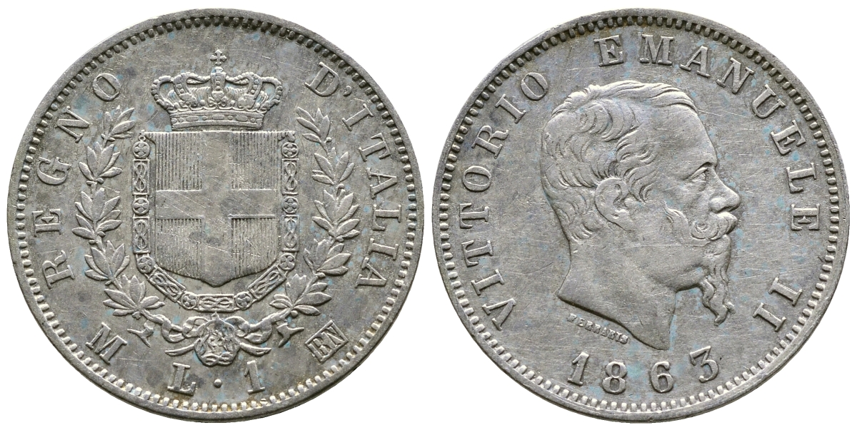 Италия 1 лира 1863 M-BN, Виктор Эммануил II KM 5a.1 серебро 51-432