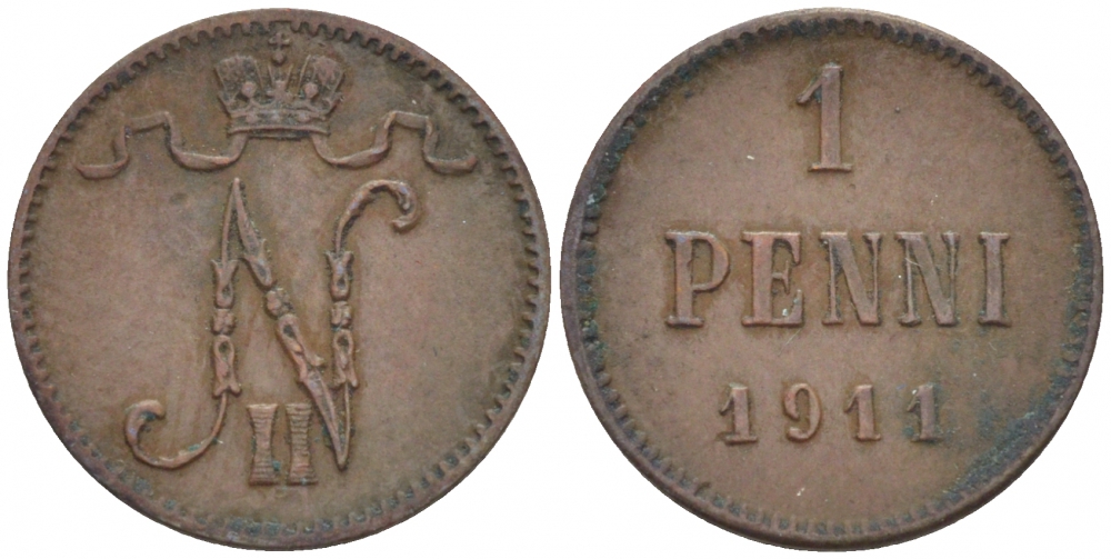 Россия для Финляндии 1 пенни 1911 Николай II (1894-1917) KM 13, Биткин 471 медь 4396-1355