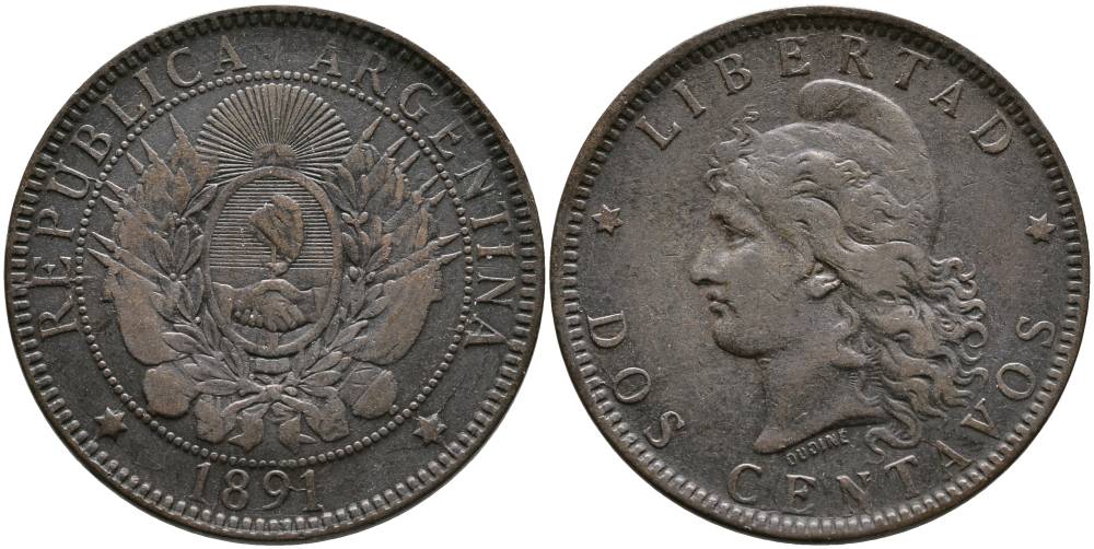 Аргентина 2 сентаво 1891 голова свободы влево KM 8 бронза 4531-1021