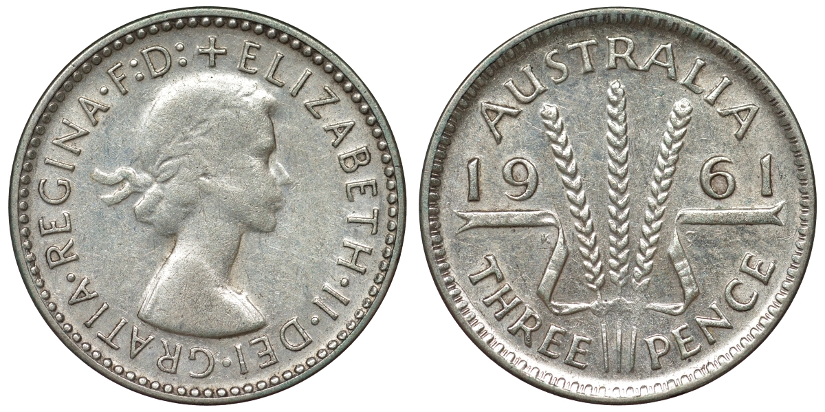 Австралия 3 пенса 1961 m, Елизавета II (1952-2022) KM 57 серебро 71-748