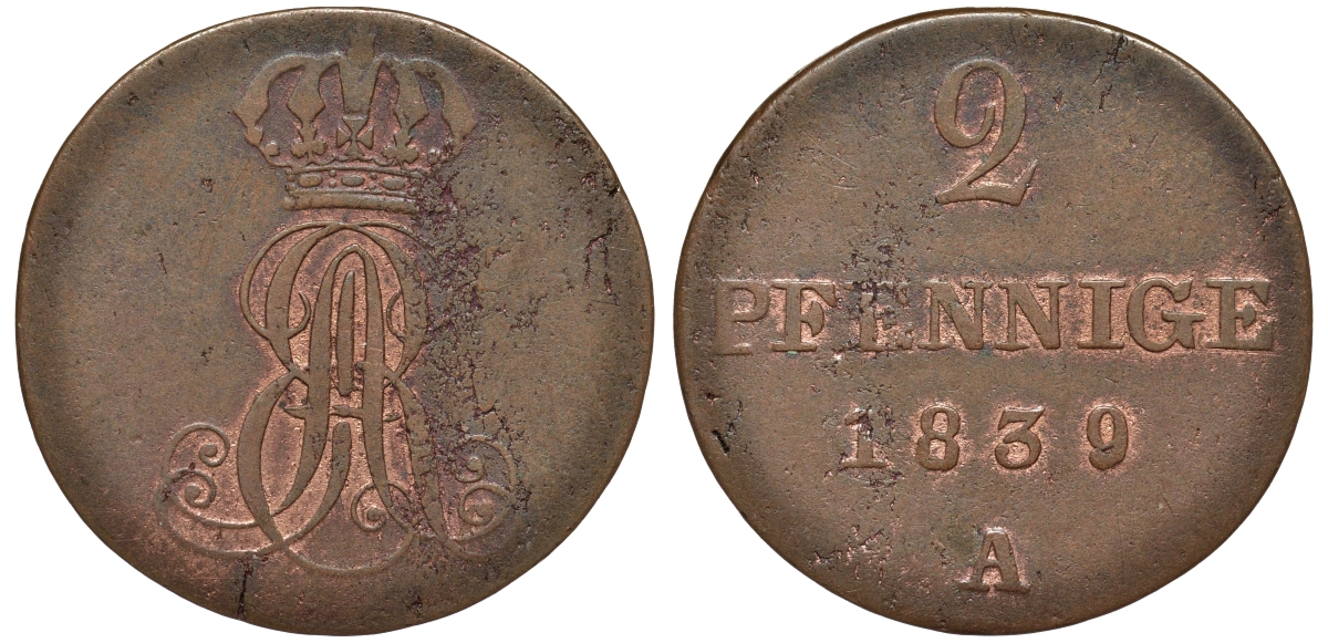 Ганновер 2 пфеннига 1839 A, Эрнст Август (1837-1851) KM 174.1, AKS 122, J. 55 медь 75-1713