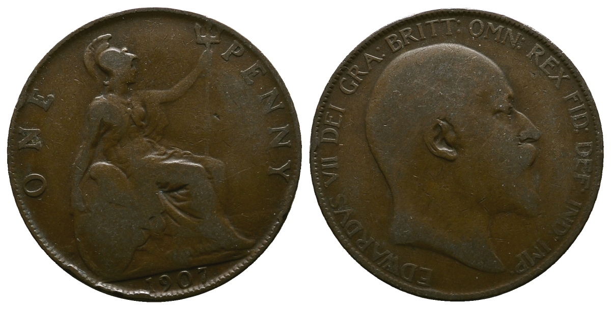 Великобритания 1 пенни 1907 Эдуард VII (1901-1910) KM 794.2, Spink 3990 бронза 4364-4336