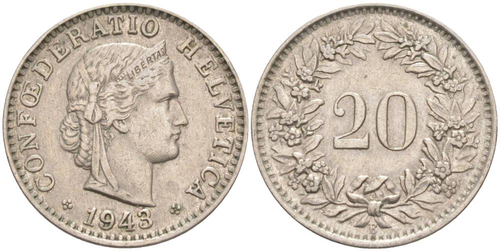 ШВЕЙЦАРИЯ 20 РАППЕНОВ 1943 В KM 29a медно-никель 55-712