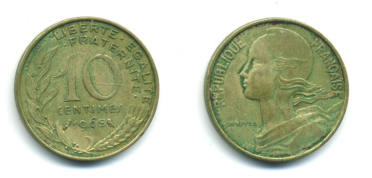 ФРАНЦИЯ 10 САНТИМОВ 1965 ТИП MARIANNE KM 929 медь алюминий никель 84-1611