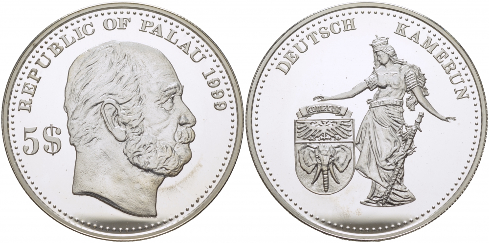 Палау 5 долларов 1999 немецкие колонии, Камерун KM 19 серебро PROOF 1077-9-51