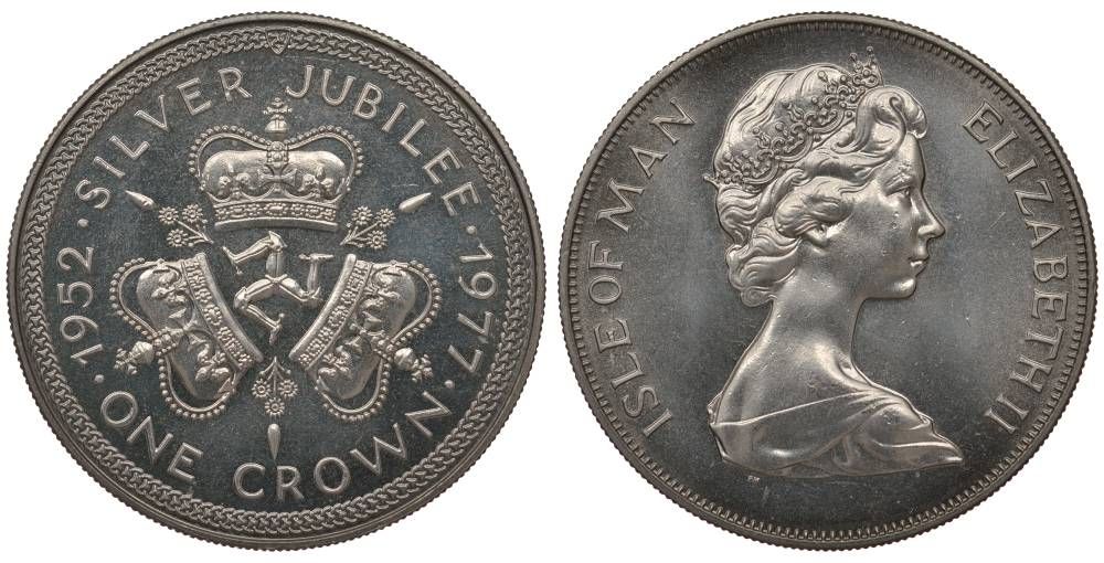 Остров Мэн 1 крона 1977 Серебряный юбилей правления королевы Елизаветы II, три короны KM 41 медно-никель UNC 1071-9-61