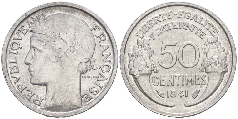 ФРАНЦИЯ 50 САНТИМОВ 1941 ТИП MORLON LOURDE KM 894.1a, LE FRANC 193.2 алюминий 44-222