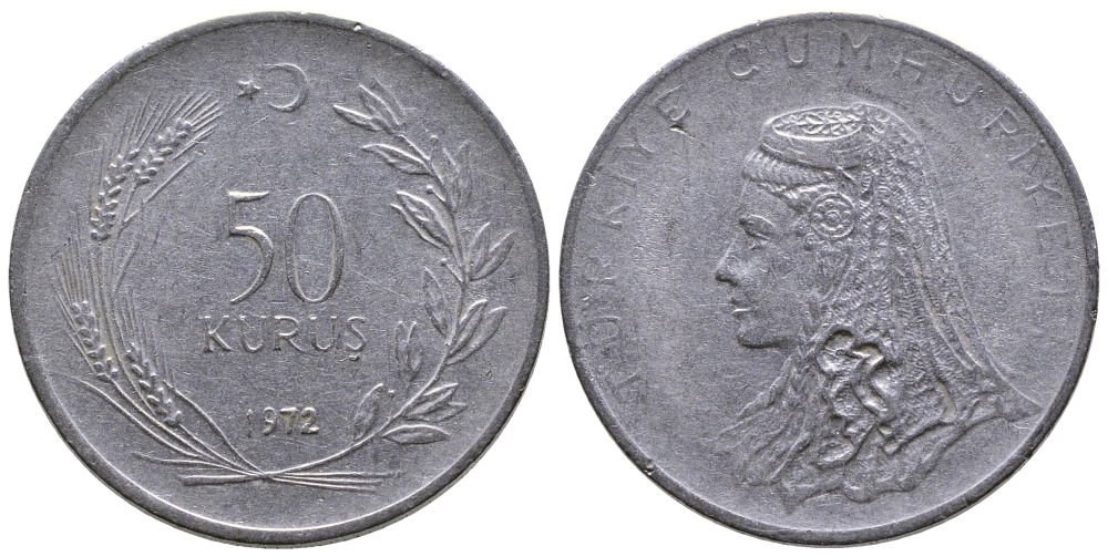 Турция 50 курушей 1972 Анатолийская невеста KM 899 нержавеющая сталь 84-1145