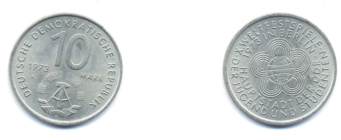 ГДР 10 марок 1973 A, фестиваль молодежи и студентов 1973 года в Берлине KM 44, J. 1545 медно-никель 3333-146